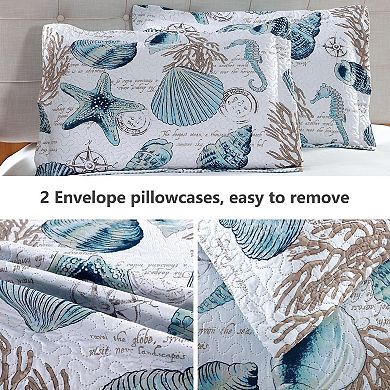 Summer Beach Bedspreads Set Seashell Conch Coverlet Sets Full/Queen Size,3Pcs Lightweight Coastal