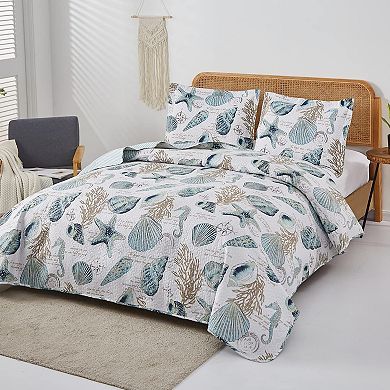 Summer Beach Bedspreads Set Seashell Conch Coverlet Sets Full/Queen Size,3Pcs Lightweight Coastal