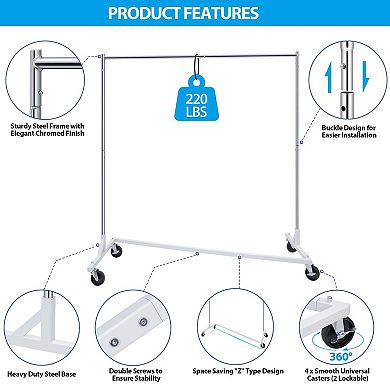 Heavy Duty Rolling Clothes Rack Metal Garment Rack with Wheels 220 lbs