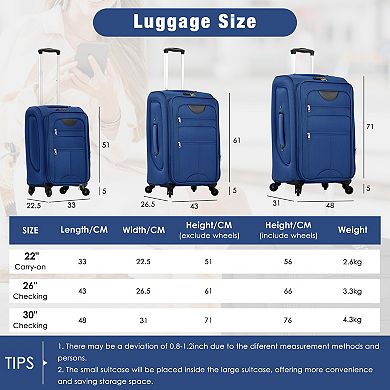 Pnronnc Portable Rolling Suitcase 3-Piece Softside Luggage Set with Duffel Bag & Spinner Wheels