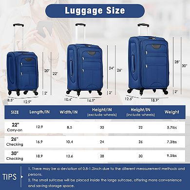 Pnronnc Portable Rolling Suitcase 3-Piece Softside Luggage Set with Duffel Bag & Spinner Wheels