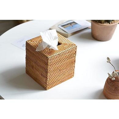 Rattan Tissue Box Cover Hand Woven Wicker Holder Open Bottom