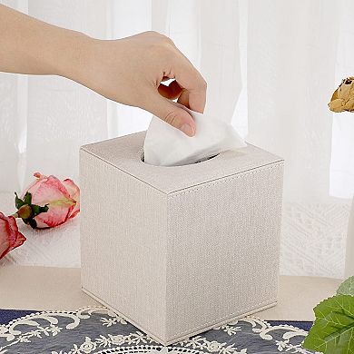 Square Linen Tissue Box Cover Magnetic Bottom Stylish Cube Holder for Home Office Car