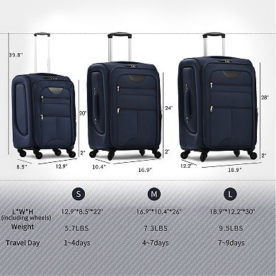 Pnronnc Rolling Suitcase 3-Piece Softside Expandable Luggage Set with Spinner Wheels & TSA Lock