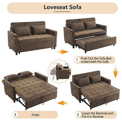 Pnronnc Loveseat Sofa Pull-Out Sofa Bed, Sleeper Couch with USB Ports, Pillow and Phone Holder