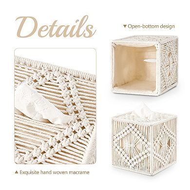 Macrame Square Tissue Box Cover Open Bottom Boho Decor Handmade Woven Organizer