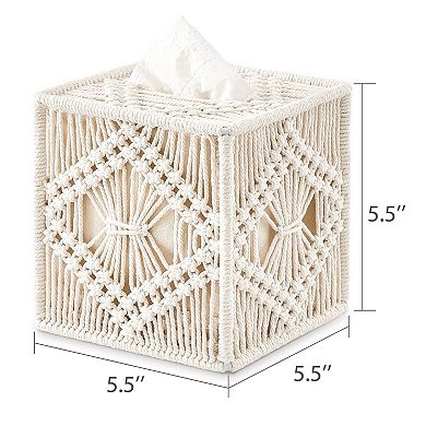Macrame Square Tissue Box Cover Open Bottom Boho Decor Handmade Woven Organizer