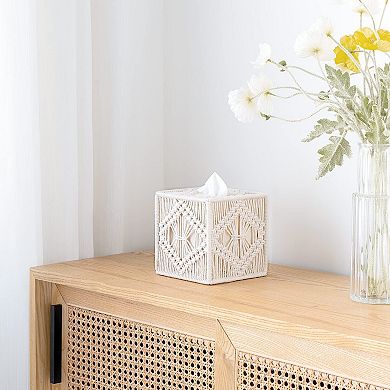 Macrame Square Tissue Box Cover Open Bottom Boho Decor Handmade Woven Organizer