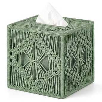 Macrame Square Tissue Box Cover Open Bottom Boho Decor Handmade Woven Organizer