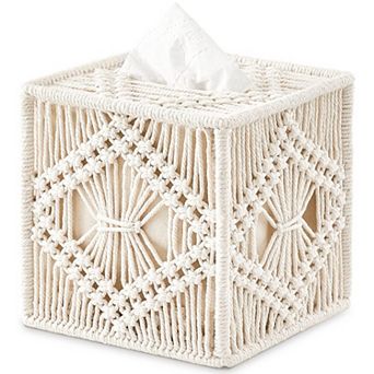 Macrame Square Tissue Box Cover Open Bottom Boho Decor Handmade Woven Organizer