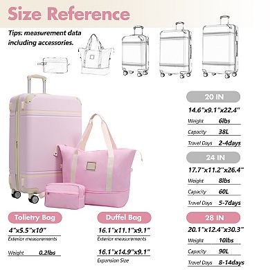 Pnronnc ABS Hardshell Luggage 3 PC Set with Storage Bag, Double Row Spinner Wheels and TSA Lock