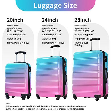 Pnronnc 3-Piece Gradient Suitcase Hardshell Luggage Set with TSA Lock and Mute Spinner Wheels