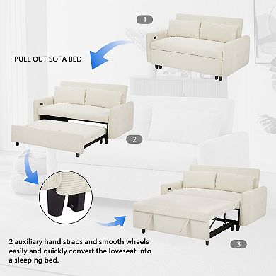 Pnronnc Convertible Loveseat Sofa, Pull-Out Sofa Bed with Two Throw Pillows and USB Ports