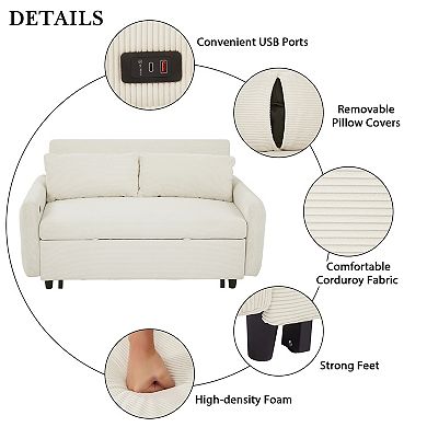Pnronnc Convertible Loveseat Sofa, Pull-Out Sofa Bed with Two Throw Pillows and USB Ports