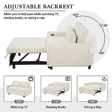Pnronnc Convertible Loveseat Sofa, Pull-Out Sofa Bed with Two Throw Pillows and USB Ports