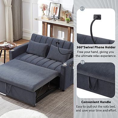 Pnronnc Convertible Sofa Bed, Loveseat Sofa with Three USB, Cup Holders and Swivel Phone Holder