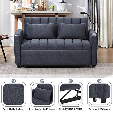 Pnronnc Convertible Sofa Bed, Loveseat Sofa with Three USB, Cup Holders and Swivel Phone Holder