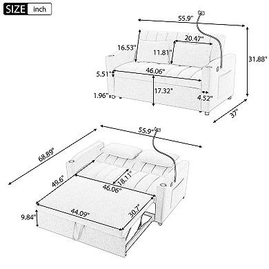 Pnronnc Convertible Sofa Bed, Loveseat Sofa with Three USB, Cup Holders and Swivel Phone Holder