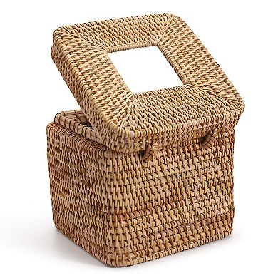 Rattan Square Tissue Box Cover Woven Decorative Holder Hinged Top Lid 5.7x5.7x5 Inch