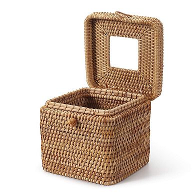 Rattan Square Tissue Box Cover Woven Decorative Holder Hinged Top Lid 5.7x5.7x5 Inch