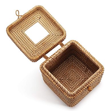 Rattan Square Tissue Box Cover Woven Decorative Holder Hinged Top Lid 5.7x5.7x5 Inch