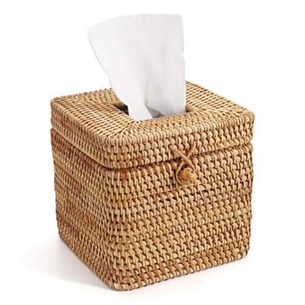 Rattan Square Tissue Box Cover Woven Decorative Holder Hinged Top Lid 5.7x5.7x5 Inch