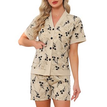 Women's Pajama Sets V-Neck Built-in Shelf Bra Short Sleeve Button Down Tops Shorts Sleepwear Lounge