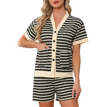 Women's Pajama Sets V-Neck Built-in Shelf Bra Short Sleeve Button Down Tops Shorts Sleepwear Lounge
