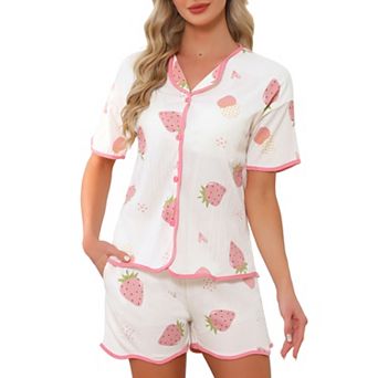 Women's Pajama Set Ruffle Trim Cute Built-in Shelf Bra Button Down Tops with Shorts Sleepwear Lounge