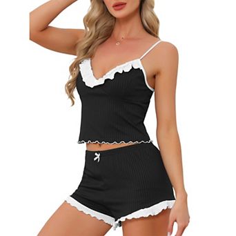 Women's Cami Pajama Set Ribbed Knit Sleepwear Lace Trim Crop Top with Shorts Chemise Loungewear