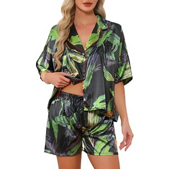 Women's Satin Pajama Sets Floral Print Button Down Short Sleeves Tops with Shorts Sleepwear Lounge