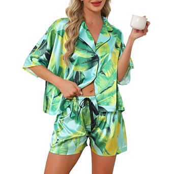 Women's Satin Pajama Sets Floral Print Button Down Short Sleeves Tops with Shorts Sleepwear Lounge