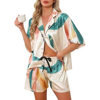 Women's Satin Pajama Sets Floral Print Button Down Short Sleeves Tops with Shorts Sleepwear Lounge