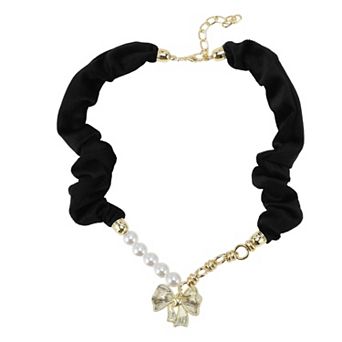 Faux Pearl Bow Scarf Necklace with Charm Adjustable Tie Statement Choker for Women 1 pc