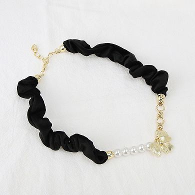 Faux Pearl Bow Scarf Necklace with Charm Adjustable Tie Statement Choker for Women 1 Pc