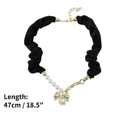 Faux Pearl Bow Scarf Necklace with Charm Adjustable Tie Statement Choker for Women 1 Pc