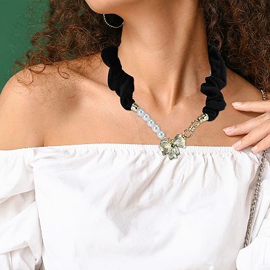 Faux Pearl Bow Scarf Necklace with Charm Adjustable Tie Statement Choker for Women 1 Pc