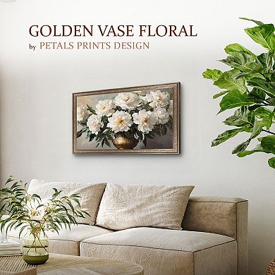 Petals Prints Design Golden Vase Floral Framed Wall Art