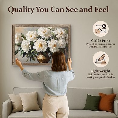 Petals Prints Design Golden Vase Floral Framed Wall Art