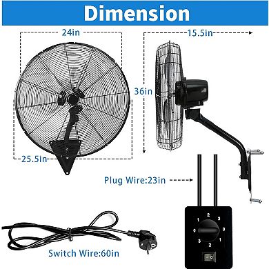 TMWINGS 24" Wall Mount Fan with 3 Speed High Velocity Fan for Garage,Black