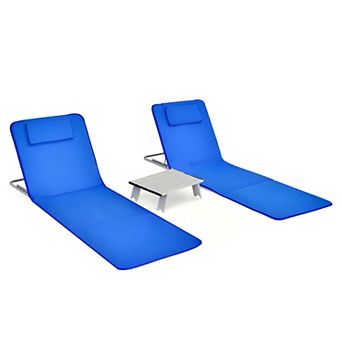 3 pc Beach Lounge Chair Mat Set 2 Adjustable Lounge Chairs with Table Stripe