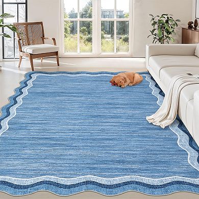 Washable Non-Slip Scalloped Edge Area Rug Soft, Stain Resistant & Non-Shedding Throw Rug