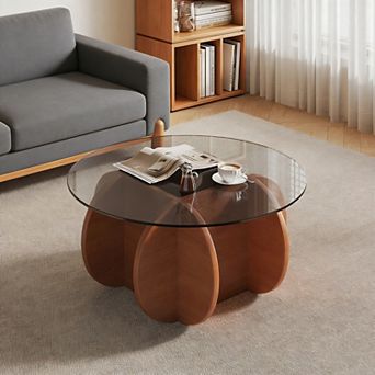 Modern 31.5" x 31.5" x 15.7" Walnut Round Coffee Center Table with Tempered Glass Top and Wood