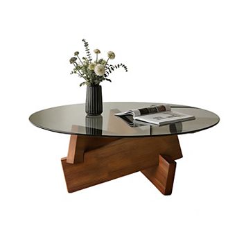 27.5" x 27.5" x 12.2" Modern Walnut Round Coffee Center Table with Tempered Glass Top and Wood