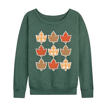 Women's Fall Leaves Pattern Grid French Terry Long Sleeve Tee