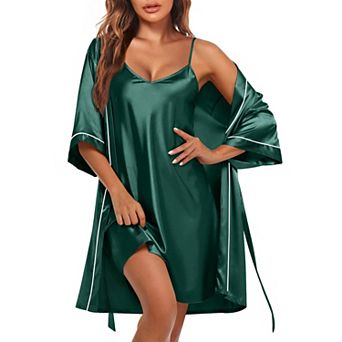 Ekouaer Women Satin Robe Two Piece Set Nightgown with Robe Bridal Party Bathrobe Nightwear