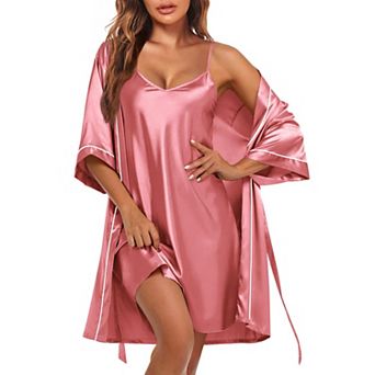 Ekouaer Women Satin Robe Two Piece Set Nightgown with Robe Bridal Party Bathrobe Nightwear