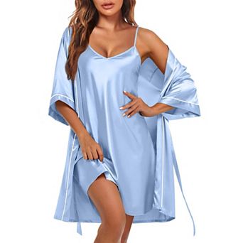 Ekouaer Women Satin Robe Two Piece Set Nightgown with Robe Bridal Party Bathrobe Nightwear