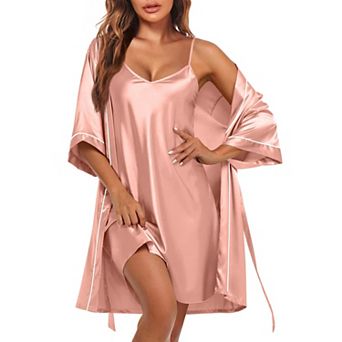 Ekouaer Women Satin Robe Two Piece Set Nightgown with Robe Bridal Party Bathrobe Nightwear