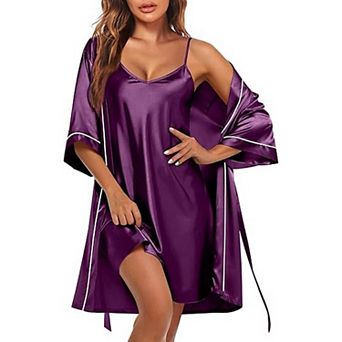 Ekouaer Women Satin Robe Two Piece Set Nightgown with Robe Bridal Party Bathrobe Nightwear